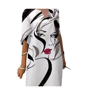 Women's white quarter sleeve midi dress figure print v-neck summer casual 2XL
